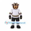 Bear Mascot Costume in Brown with White Hockey Uniform and Helmet