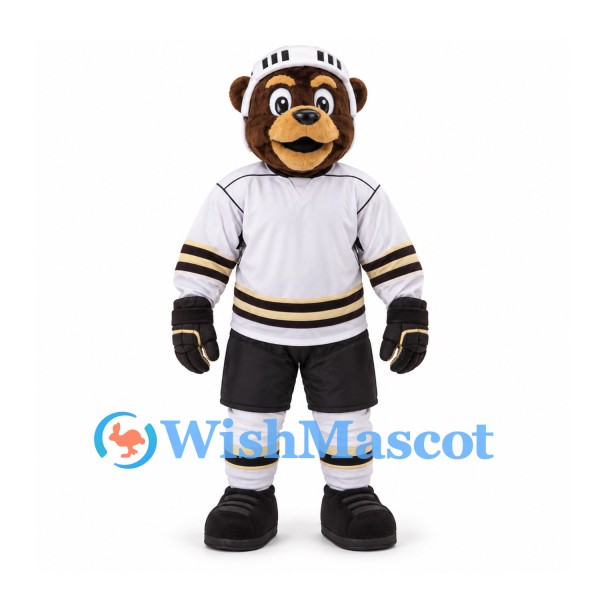 Bear Mascot Costume in Brown with White Hockey Uniform and Helmet