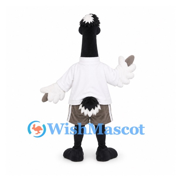 Ostrich Mascot Costume in Black and White with White Shirt and Gray Shorts