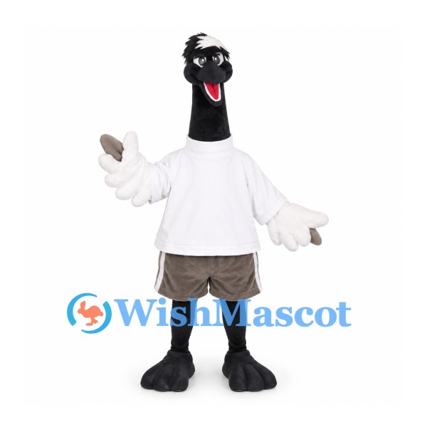 Ostrich Mascot Costume in Black and White with White Shirt and Gray Shorts