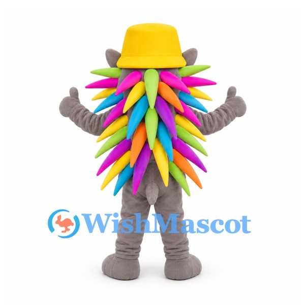 Hedgehog Mascot Costume in Gray with Rainbow Spines and Yellow Hat
