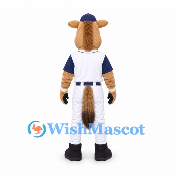 Horse Mascot Costume in Tan with White Baseball Uniform and Navy Cap