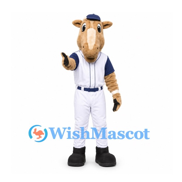 Horse Mascot Costume in Tan with White Baseball Uniform and Navy Cap