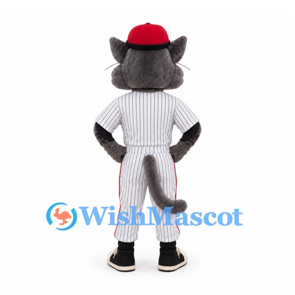 Cat Mascot Costume in Gray with White Pinstriped Baseball Uniform