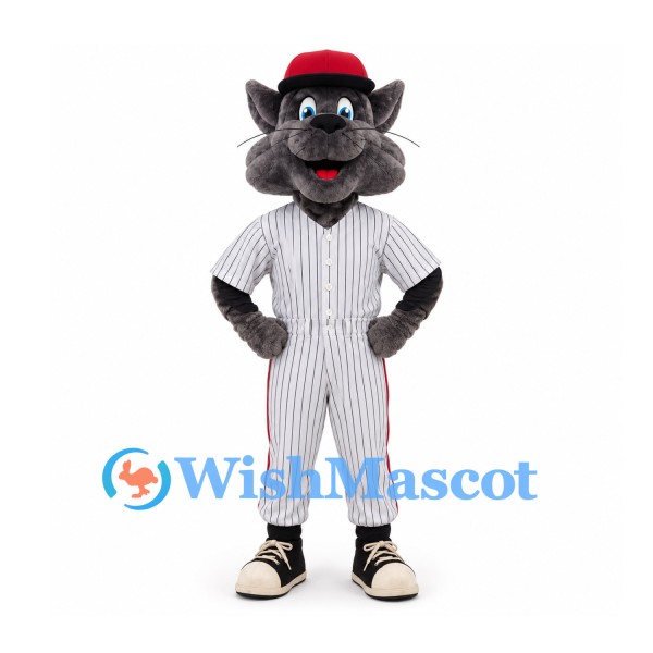 Cat Mascot Costume in Gray with White Pinstriped Baseball Uniform