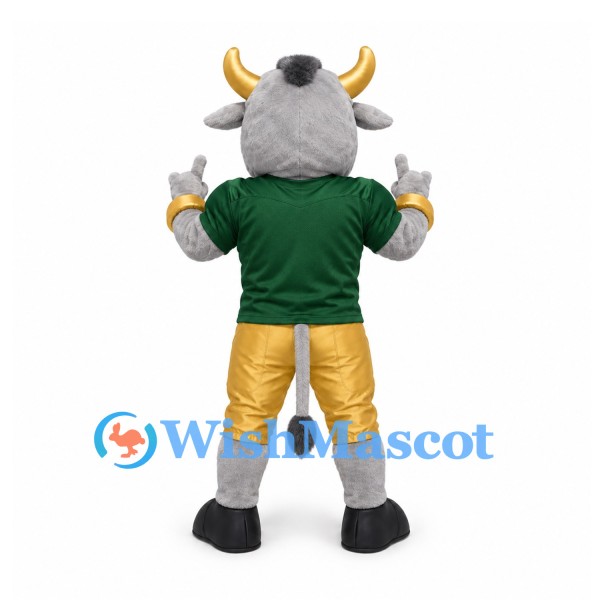 Bull Mascot Costume in Gray with Green Football Jersey and Gold Trousers