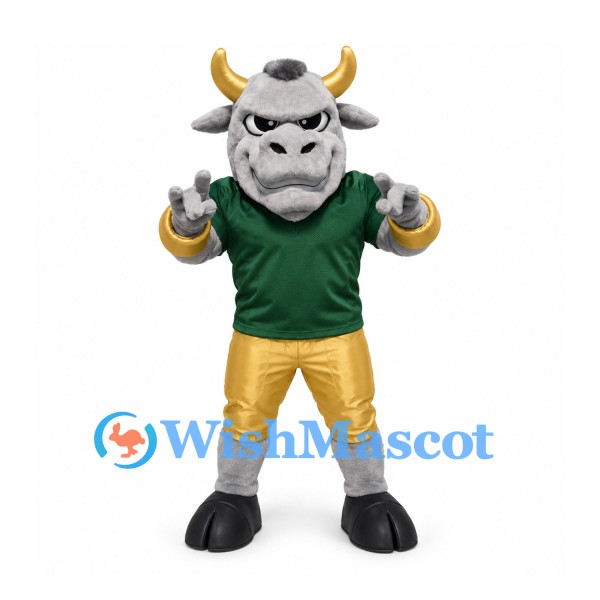 Bull Mascot Costume in Gray with Green Football Jersey and Gold Trousers
