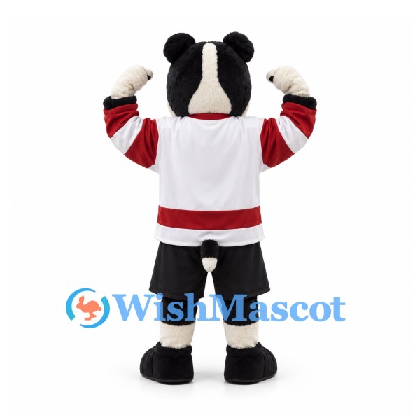 Badger Mascot Costume in Black and White with Red Trim Hockey Jersey