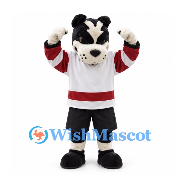 Badger Mascot Costume in Black and White with Red Trim Hockey Jersey