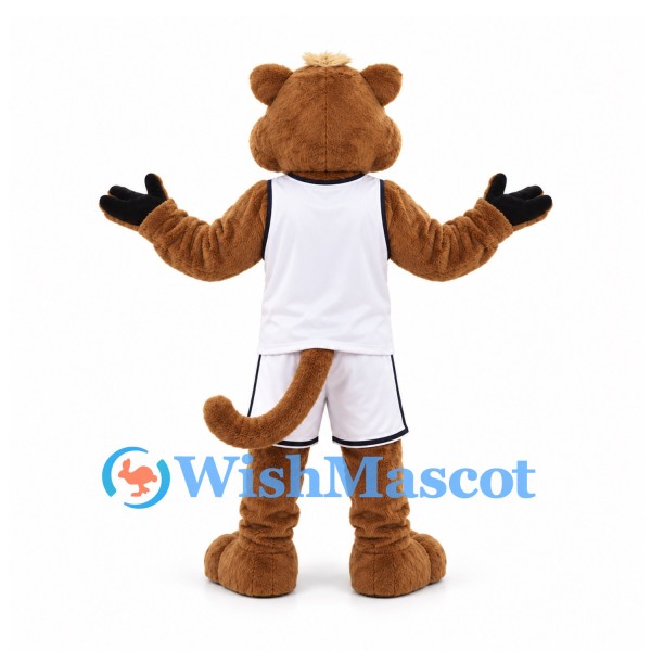 Cougar Mascot Costume in Brown with White Basketball Uniform