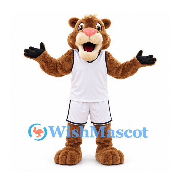 Cougar Mascot Costume in Brown with White Basketball Uniform