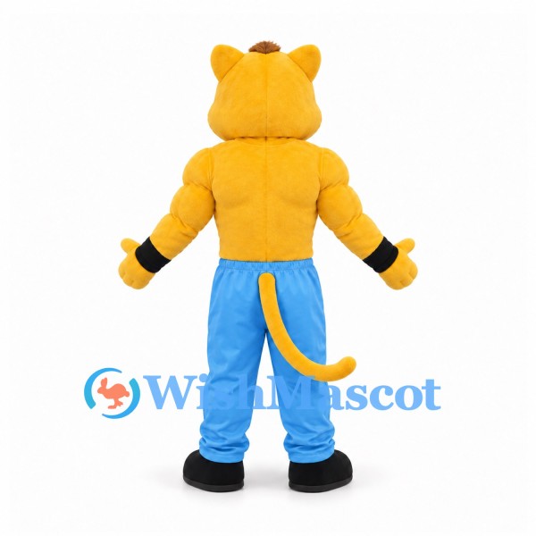 Cougar Mascot Costume in Yellow with Muscular Torso and Blue Trousers