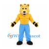 Cougar Mascot Costume in Yellow with Muscular Torso and Blue Trousers