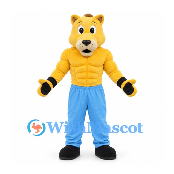 Cougar Mascot Costume in Yellow with Muscular Torso and Blue Trousers