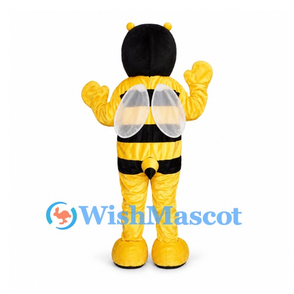 Bee Mascot Costume in Yellow and Black with Rounded Face and White Wings