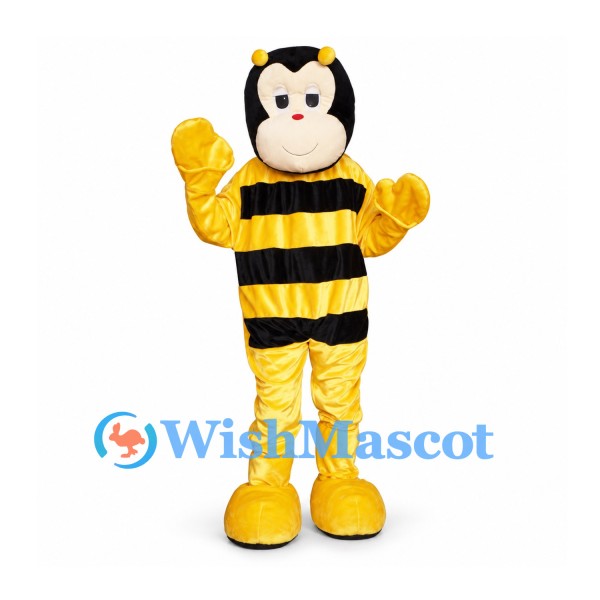 Bee Mascot Costume in Yellow and Black with Rounded Face and White Wings