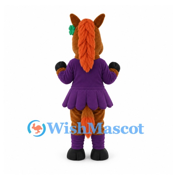 Horse Mascot Costume in Brown with Purple Dress and Orange Mane