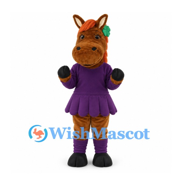 Horse Mascot Costume in Brown with Purple Dress and Orange Mane