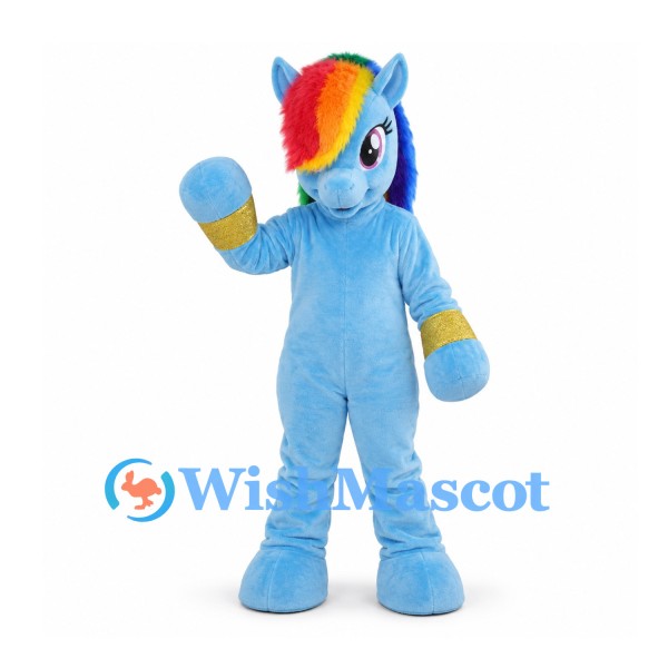 Winged Pony Mascot Costume in Blue with Rainbow Mane and Tail