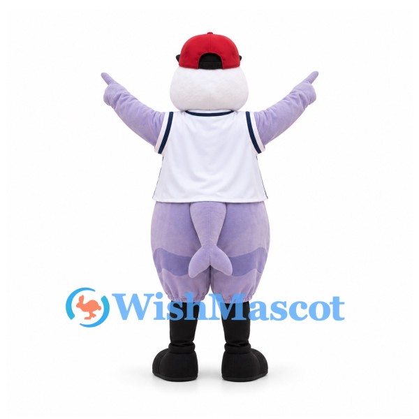 Alien Mascot Costume in Lavender with White Baseball Jersey and Red Cap