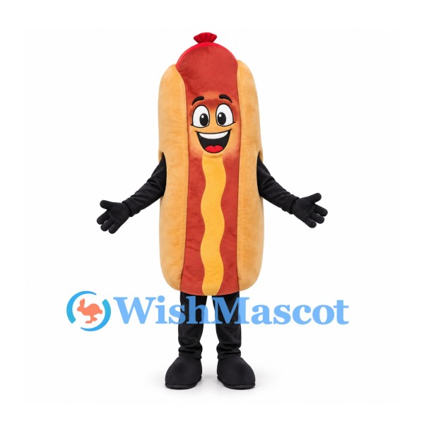 Hot Dog Mascot Costume with Mustard Stripe and Tan Bun