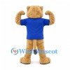 Leopard Mascot Costume in Tan with Blue Shirt and Muscular Arms
