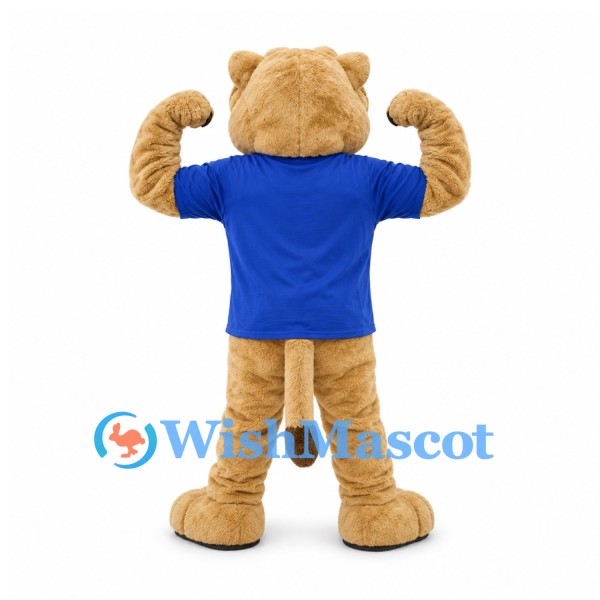 Leopard Mascot Costume in Tan with Blue Shirt and Muscular Arms
