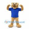Leopard Mascot Costume in Tan with Blue Shirt and Muscular Arms