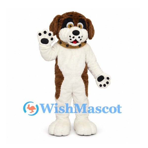 Dog Mascot Costume in Brown and White with Collar and Large Paws
