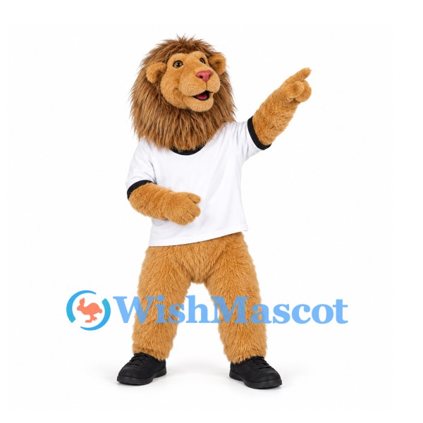Lion Mascot Costume in Tan with Long Brown Mane and White Shirt