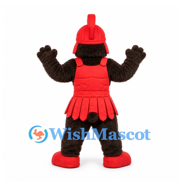 Warrior Mascot Costume with Red Helmet Armor and Brown Sleeves