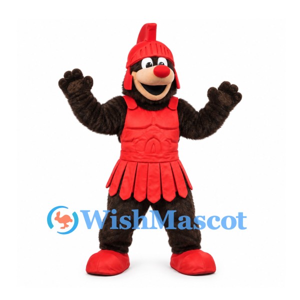 Warrior Mascot Costume with Red Helmet Armor and Brown Sleeves