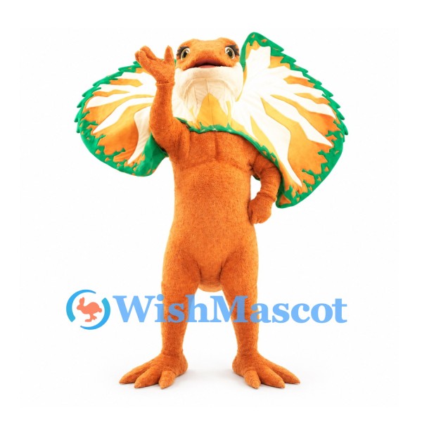 Frilled Lizard Mascot Costume in Orange with Cream and Green Neck Frill