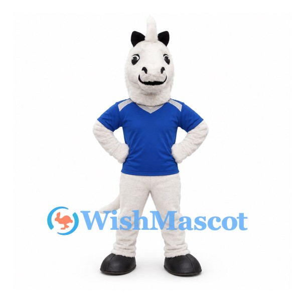 Horse Mascot Costume in White with Blue Sports Shirt