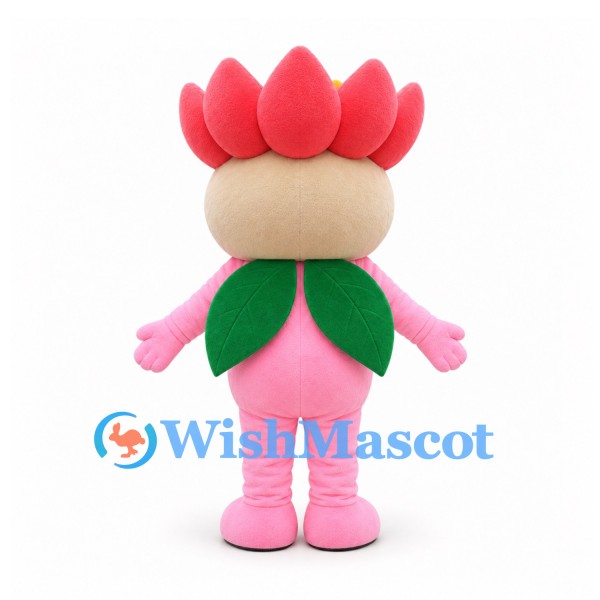 Flower Mascot Costume in Pink with Red Petals and Green Leaves