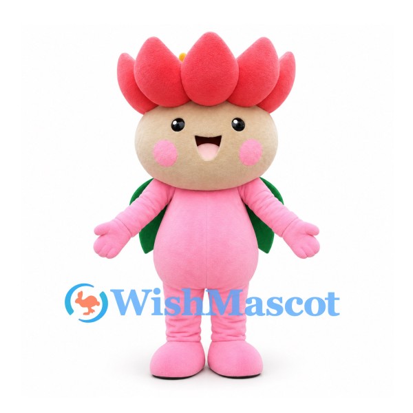 Flower Mascot Costume in Pink with Red Petals and Green Leaves