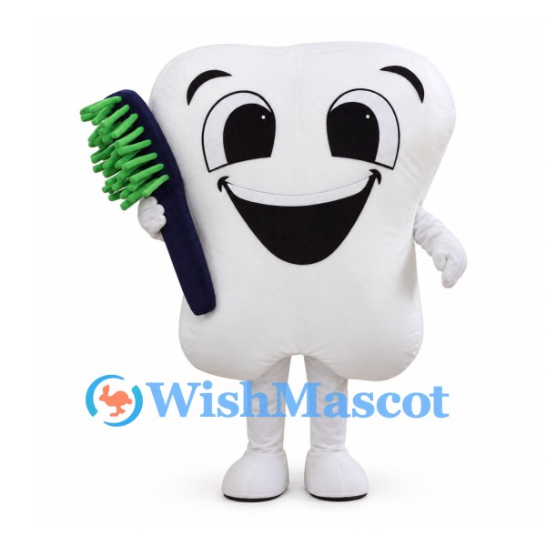 Tooth Mascot Costume in White with Large Green Toothbrush