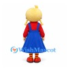 Girl Mascot Costume with Blonde Braids Red Shirt and Blue Pinafore Dress