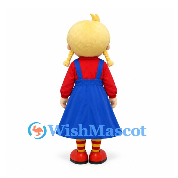 Girl Mascot Costume with Blonde Braids Red Shirt and Blue Pinafore Dress