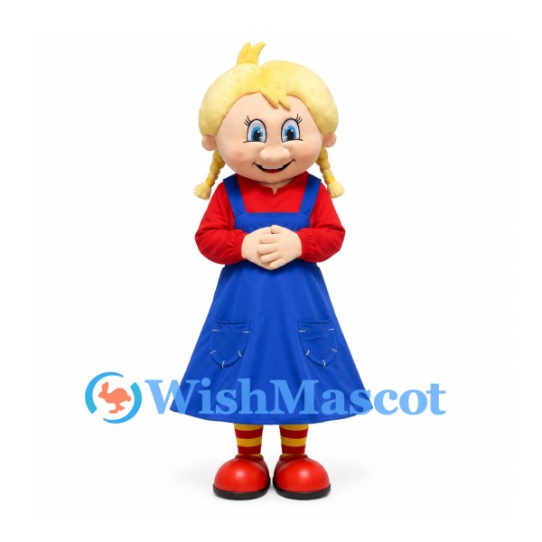 Girl Mascot Costume with Blonde Braids Red Shirt and Blue Pinafore Dress