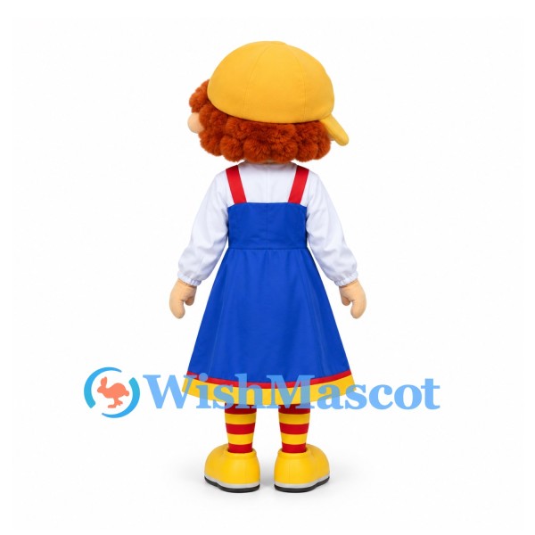 Girl Mascot Costume with Red Hair Yellow Hat and Blue Pinafore Dress