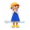 Girl Mascot Costume with Red Hair Yellow Hat and Blue Pinafore Dress