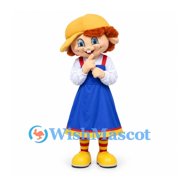 Girl Mascot Costume with Red Hair Yellow Hat and Blue Pinafore Dress