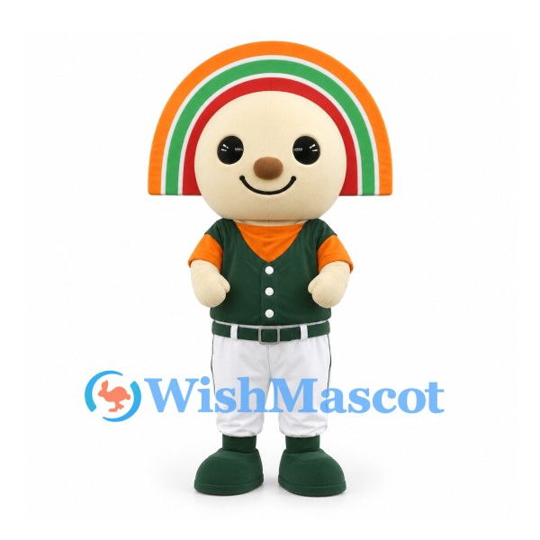 Rainbow Character Mascot Costume with Green Baseball Jersey and White Trousers