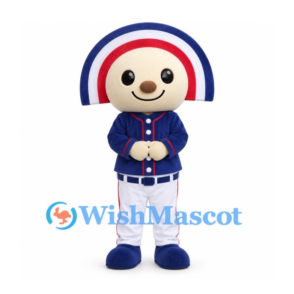Rainbow Character Mascot Costume with Navy Baseball Jacket and White Trousers