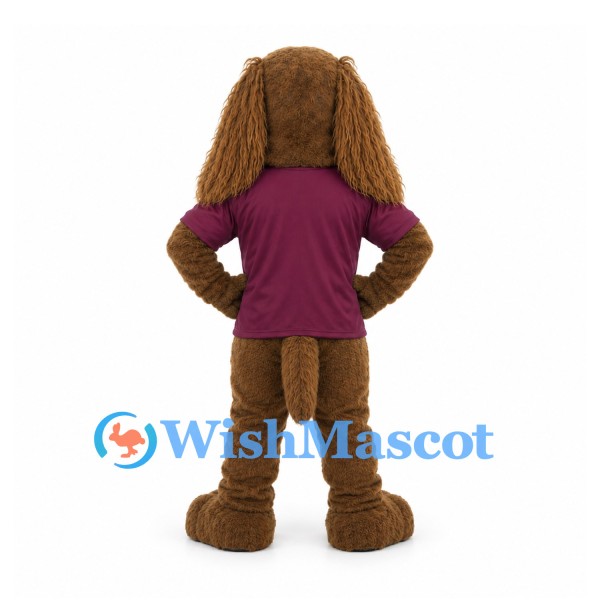 Dog Mascot Costume in Brown with Long Floppy Ears and Burgundy Polo Shirt