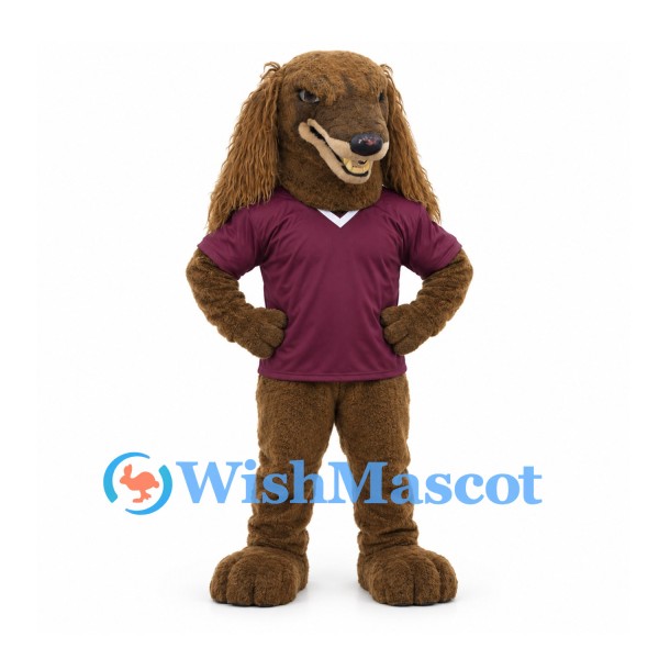 Dog Mascot Costume in Brown with Long Floppy Ears and Burgundy Polo Shirt
