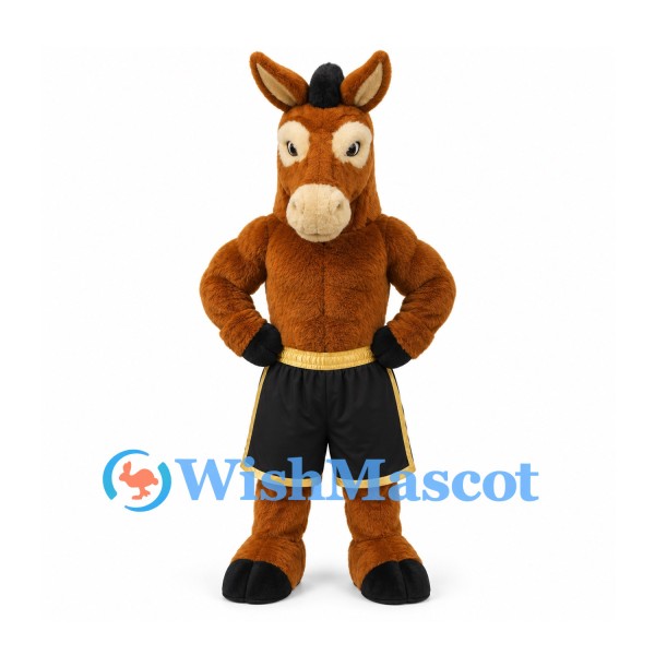 Horse Mascot Costume in Brown with Muscular Torso and Black Sports Shorts
