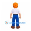 Boy Mascot Costume with Orange Hair Glasses White Polo Shirt and Blue Trousers