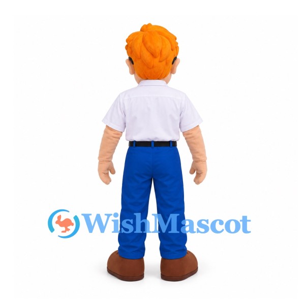 Boy Mascot Costume with Orange Hair Glasses White Polo Shirt and Blue Trousers